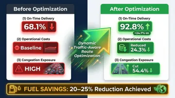 Dynamic route optimization impact showing on-time delivery and cost reduction results