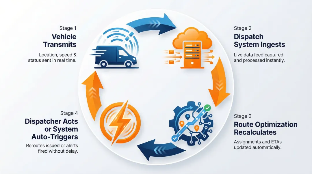 Four-stage real-time fleet tracking and dispatch continuous data loop diagram