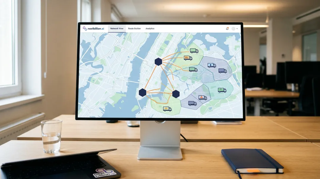 Fleet network optimization map showing multi-depot zone assignments and load balancing routes