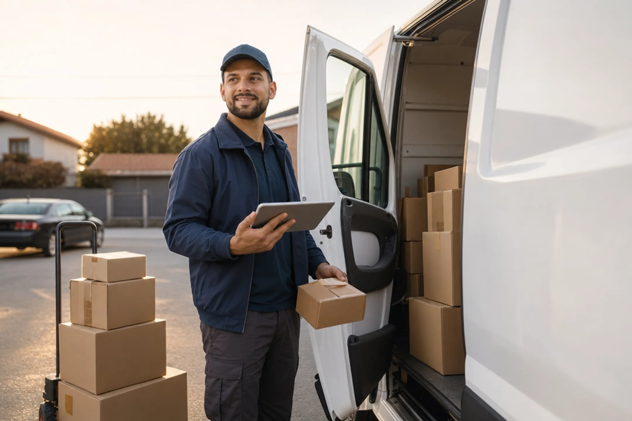 Delivery driver planning scheduled stops beside commercial delivery vehicle