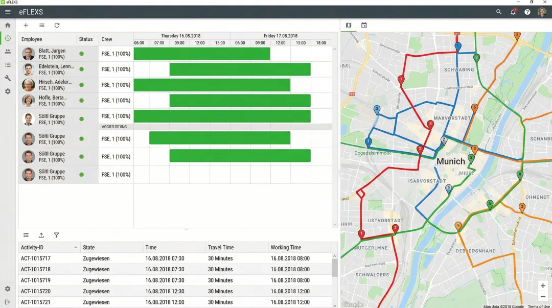 Lawn care dispatcher reviewing optimized daily crew routes on scheduling software dashboard