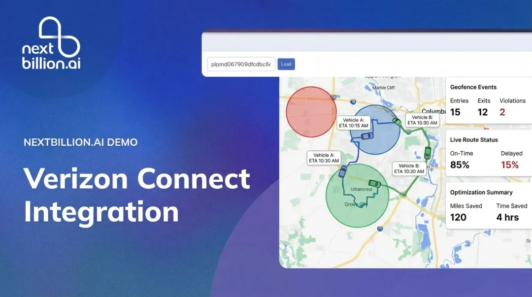 NextBillion.ai fleet dashboard displaying geofence events route optimization and live ETA data