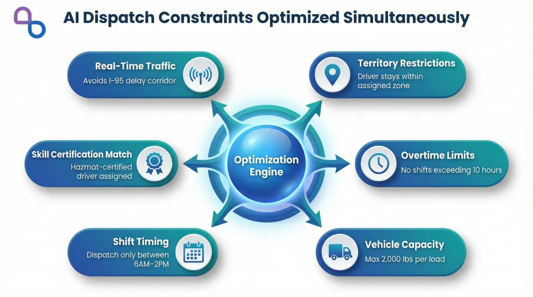 AI route optimization constraints diagram for field service technician dispatch
