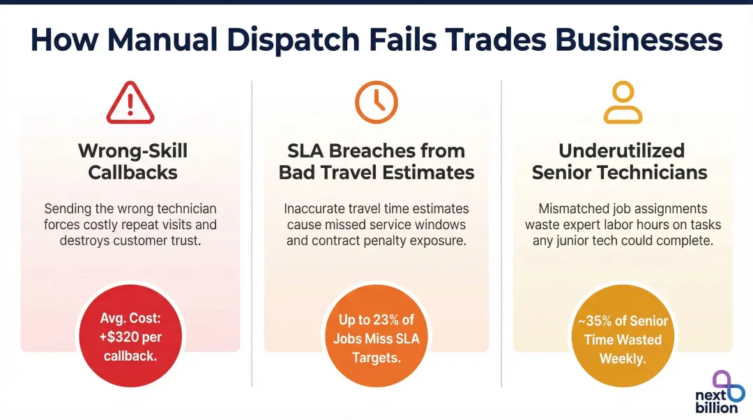 Three manual dispatch failure modes causing callbacks overtime and underutilization