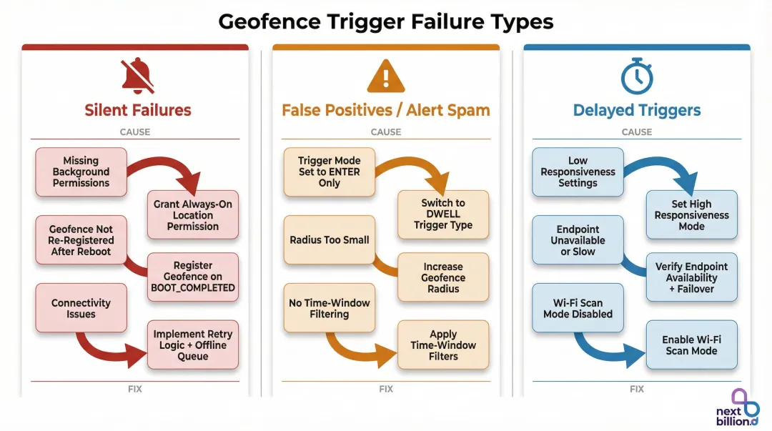 Geofence trigger troubleshooting guide false positives silent failures delayed events