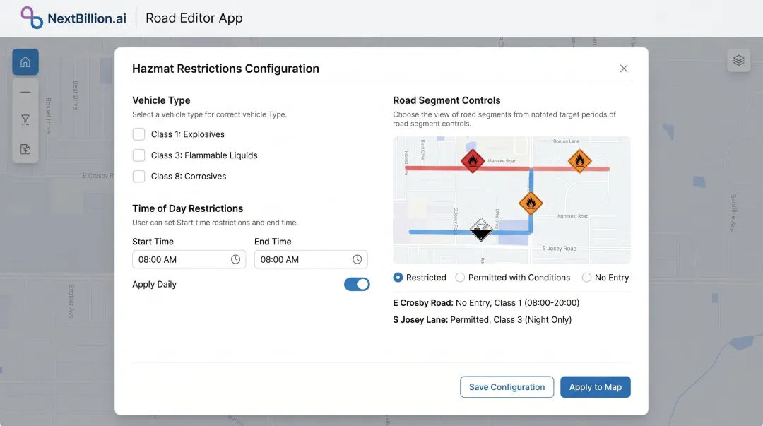 NextBillion.ai routing platform Road Editor interface showing hazmat route restriction configuration