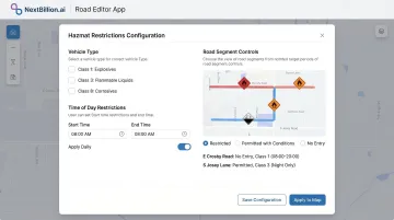 NextBillion.ai routing platform Road Editor interface showing hazmat route restriction configuration