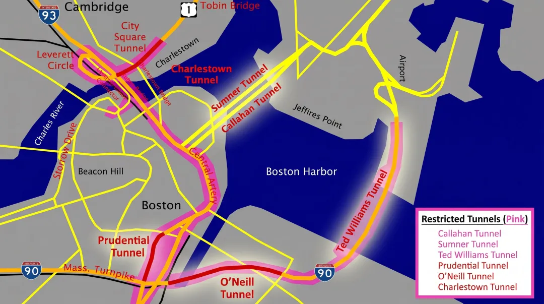 Boston tunnel infrastructure map showing restricted hazmat vehicle corridors downtown