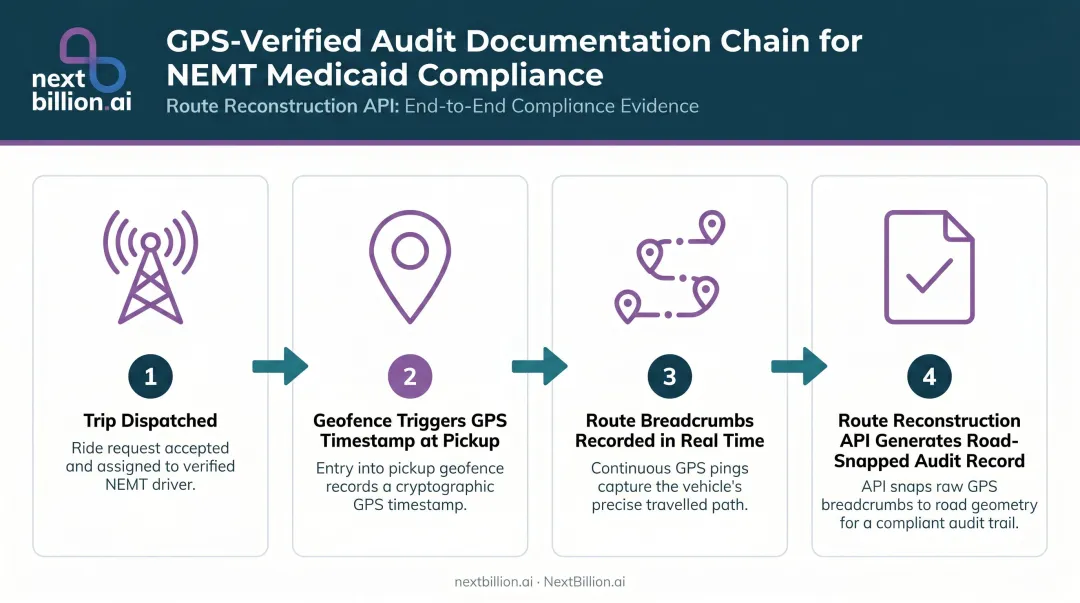 GPS-verified Medicaid audit trail showing four required trip record data fields