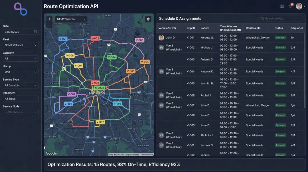 NextBillion.ai route optimization API dashboard displaying multi-constraint NEMT trip scheduling