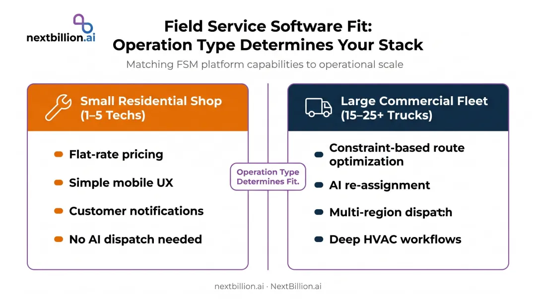 HVAC dispatch software fit comparison small residential shop versus large commercial fleet