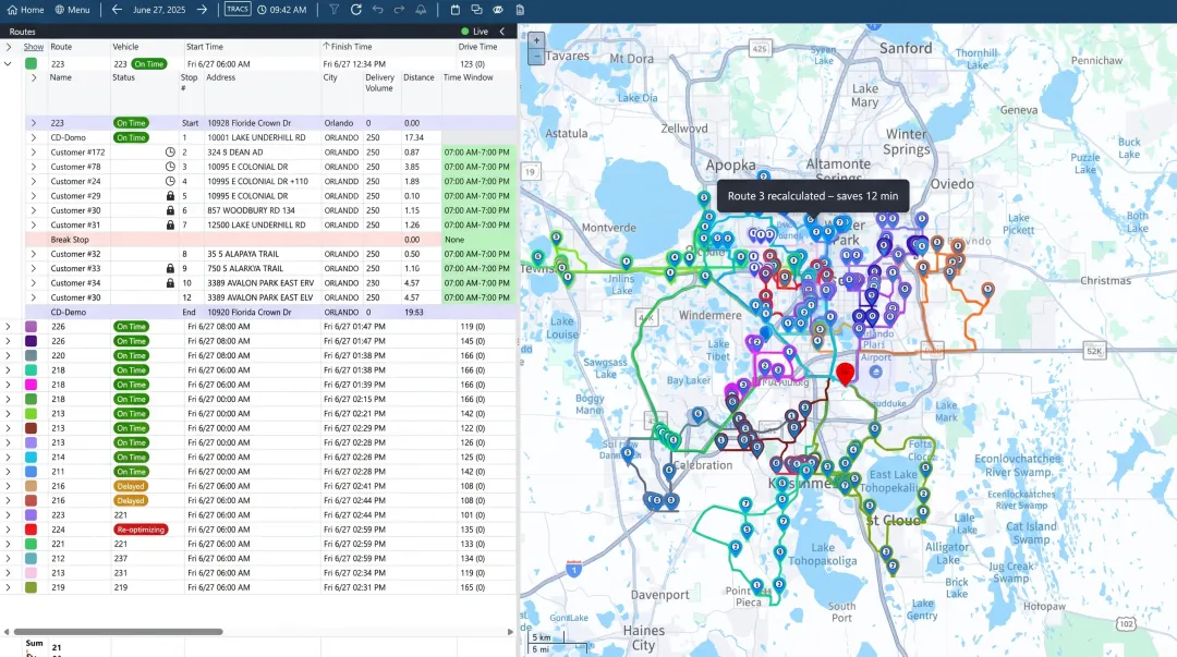 Enterprise route optimization platform dashboard displaying multi-stop fleet routing with constraints