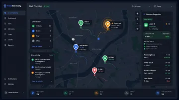 HVAC field service dispatch software interface showing GPS technician tracking and job board