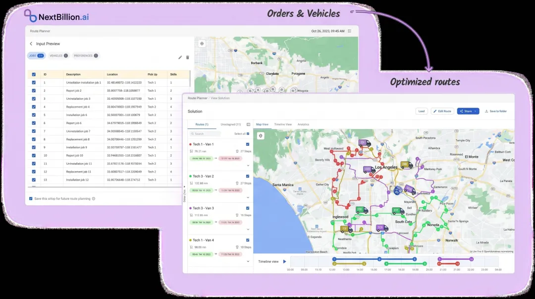 NextBillion.ai route optimization dashboard displaying multi-stop field service scheduling