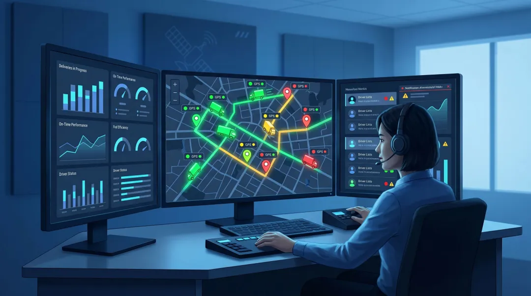 Fleet dispatcher using real-time GPS tracking dashboard to monitor vehicle locations