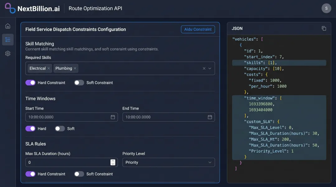NextBillion.ai route optimization API constraint configuration dashboard interface