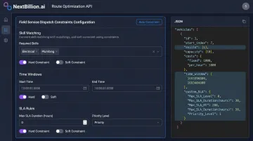 NextBillion.ai route optimization API constraint configuration dashboard interface