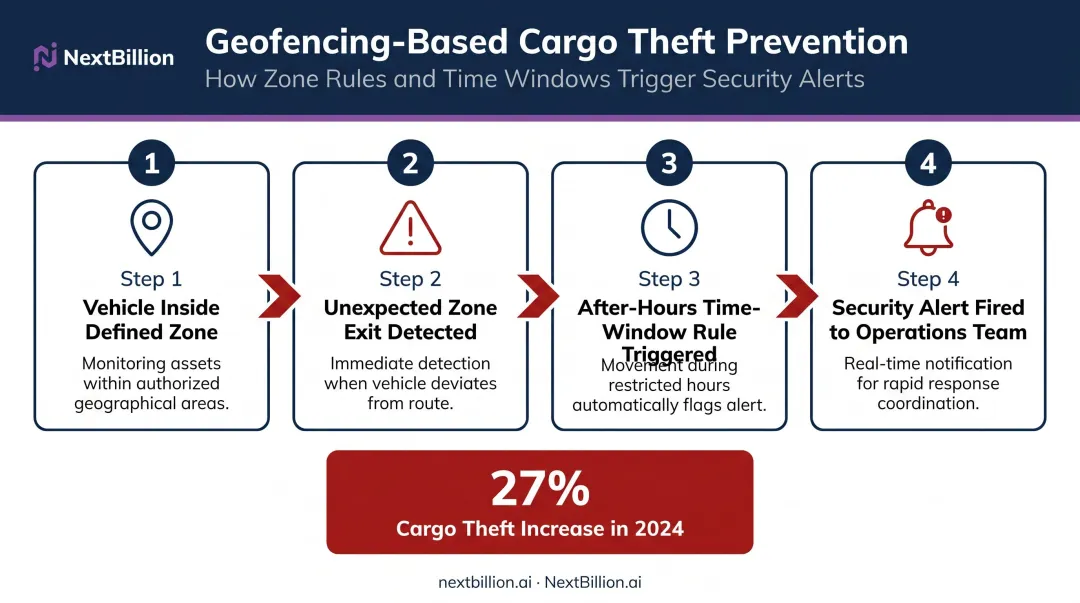 Geofencing theft prevention and cargo security alert workflow diagram