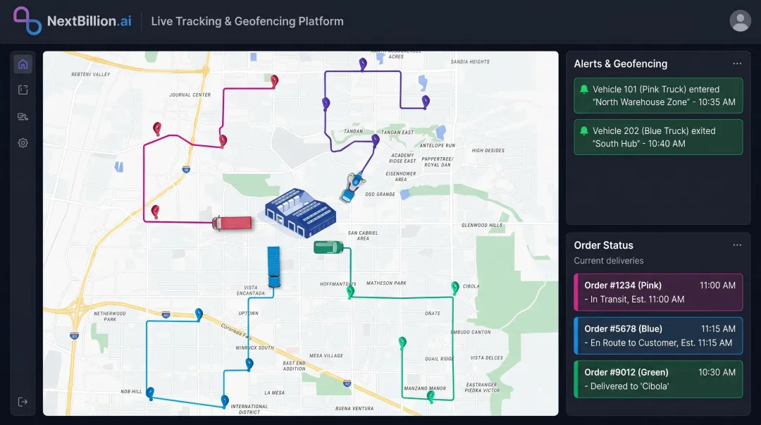 NextBillion.ai live tracking and geofencing dashboard displaying real-time driver location and delivery alerts