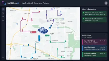 NextBillion.ai live tracking and geofencing dashboard displaying real-time driver location and delivery alerts