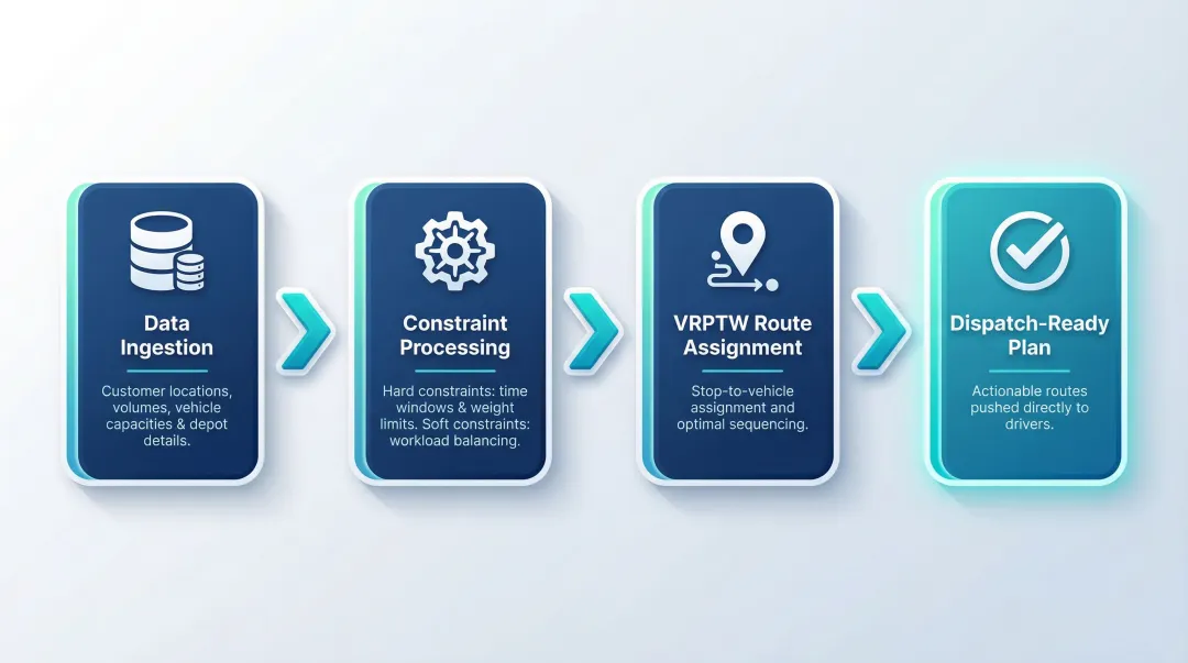 Four-stage ice delivery route optimization process from data input to dispatch-ready plan
