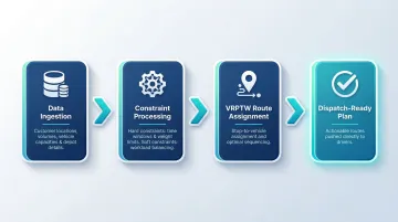 Four-stage ice delivery route optimization process from data input to dispatch-ready plan