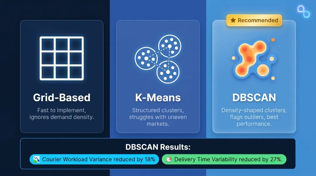 Three delivery zone clustering methods comparison DBSCAN K-means grid-based performance infographic