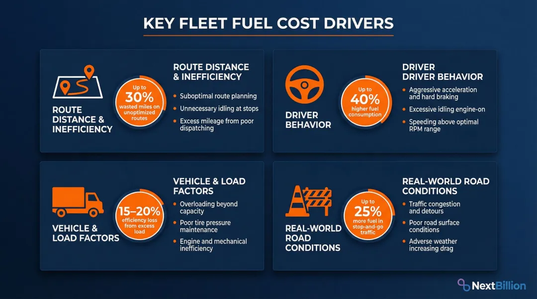 Four key fleet fuel cost drivers breakdown infographic with icons