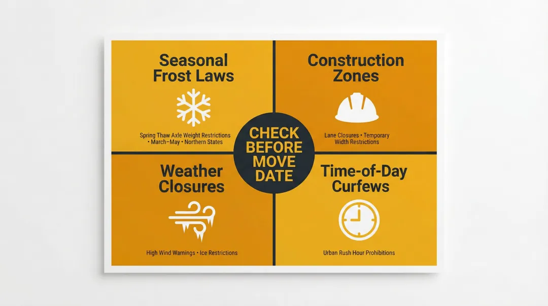 Four dynamic oversized load route constraints seasonal frost construction weather curfew