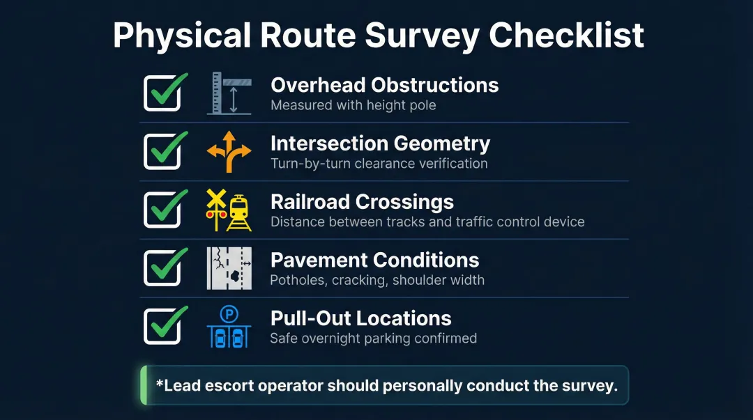 Five-point physical oversized load route survey checklist with verification steps