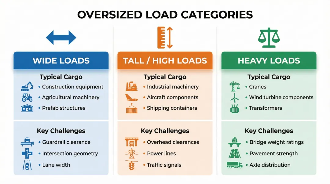Three oversized load categories wide tall heavy with routing challenges comparison