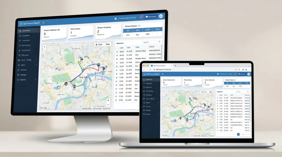 Cloud-based taxi dispatch software dashboard showing real-time fleet tracking and analytics