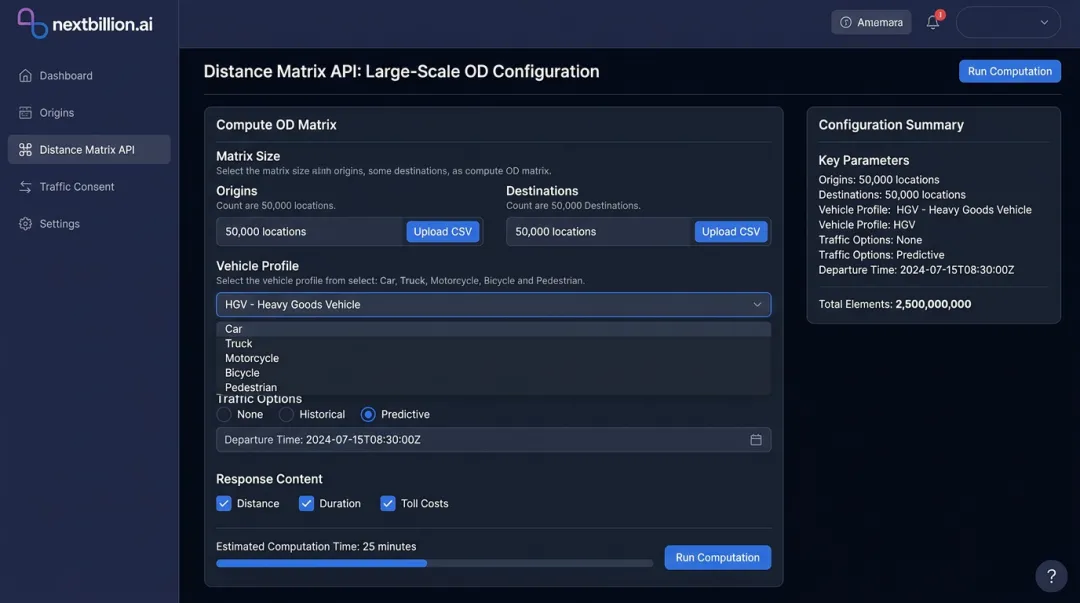 NextBillion.ai Distance Matrix API dashboard showing large-scale OD pair configuration