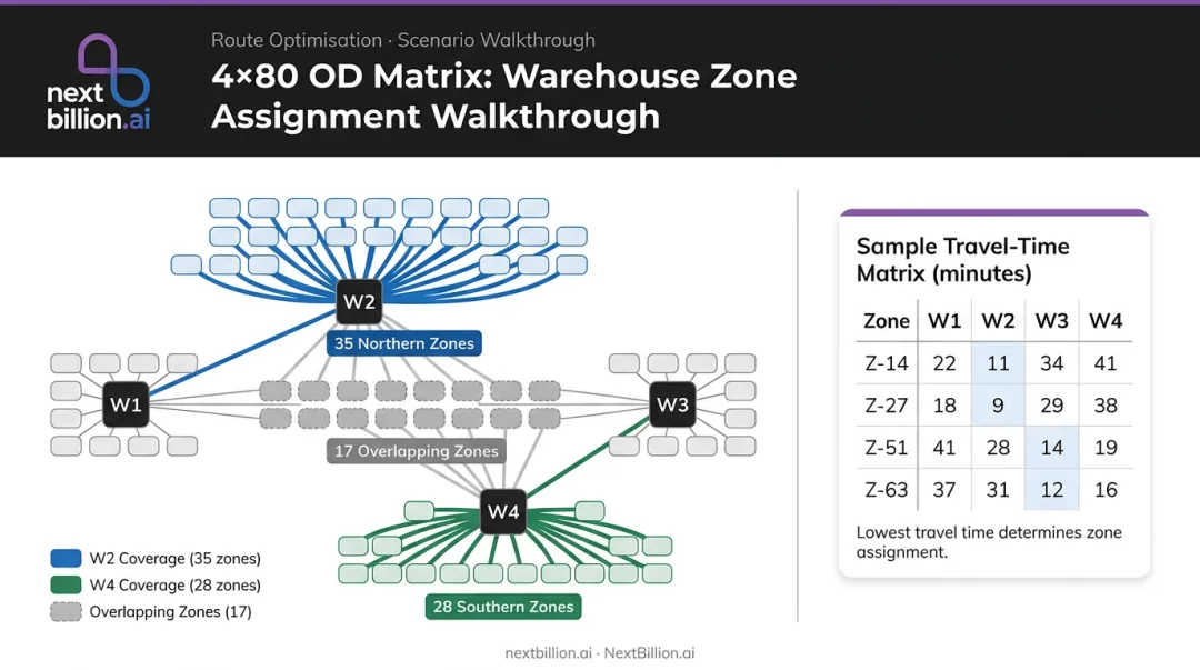 Food distributor OD matrix example showing four warehouses serving eighty delivery zones