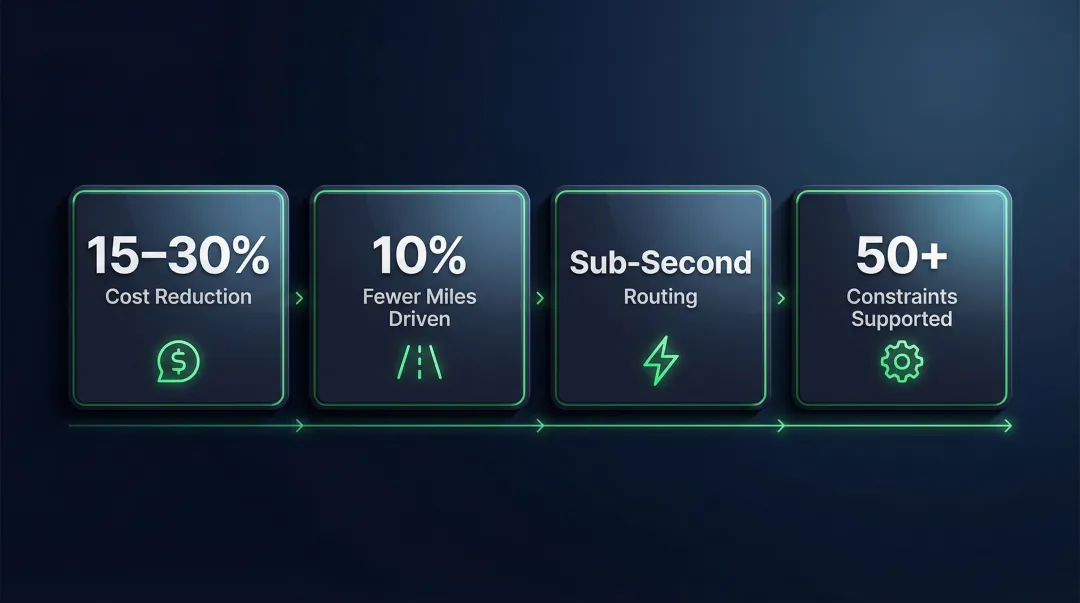 AI route optimization benefits showing cost reduction and efficiency gains infographic