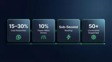 AI route optimization benefits showing cost reduction and efficiency gains infographic