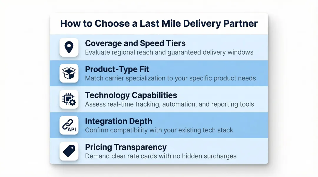 5-dimension last mile delivery partner evaluation framework selection criteria infographic