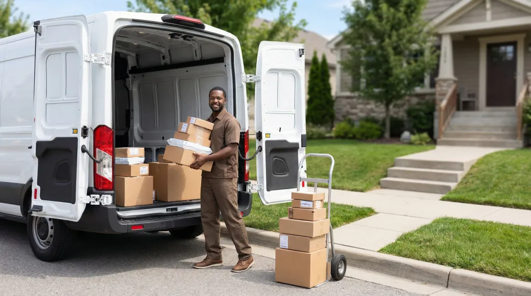 Regional parcel carrier delivery van with e-commerce packages at residential doorstep