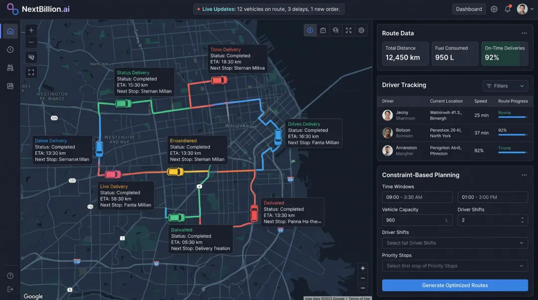 NextBillion.ai route optimization dashboard displaying multi-stop delivery route analytics