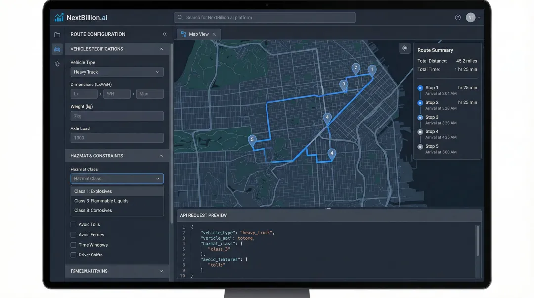 NextBillion.ai routing API dashboard showing hazmat parameters and multi-stop route configuration