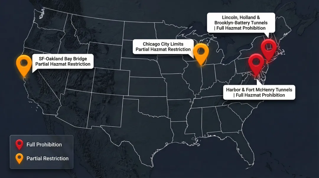 US hazmat tunnel and bridge restriction map showing key prohibited infrastructure locations