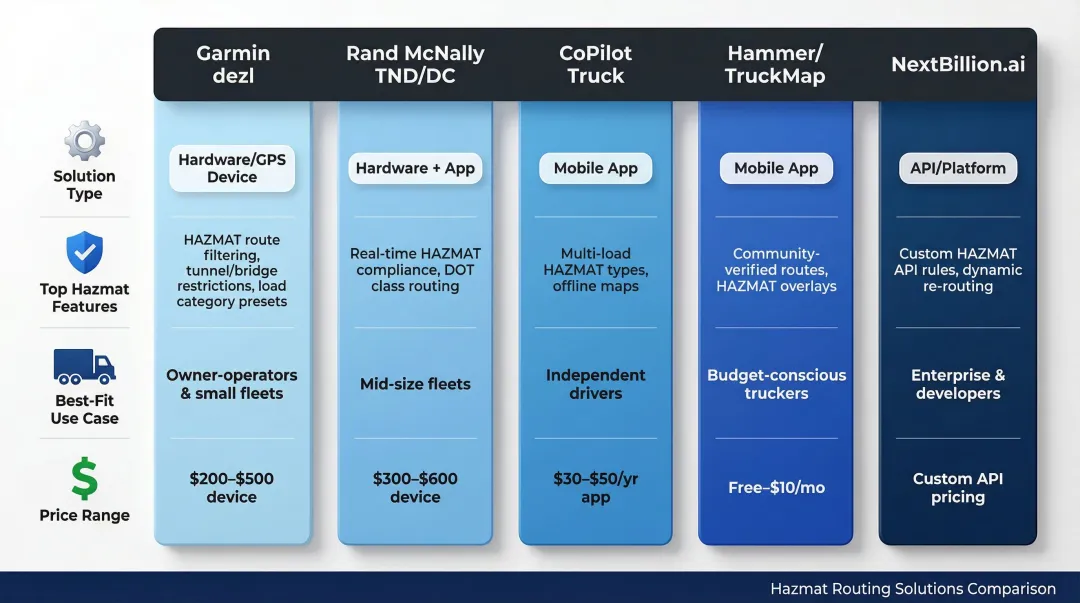 Five hazmat GPS solutions comparison chart by type features and fleet use case