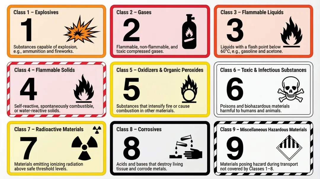 9 UN DOT hazmat classes visual reference chart with icons and descriptions