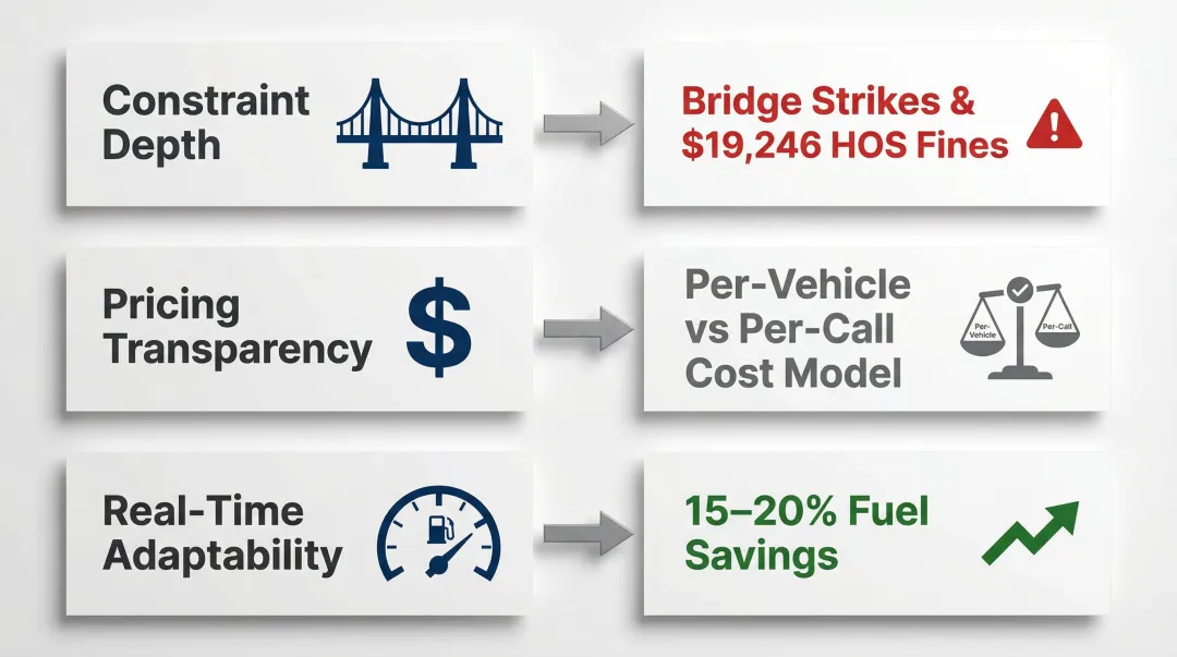 Trucking route planning evaluation criteria mapped to fleet business outcomes and cost impacts