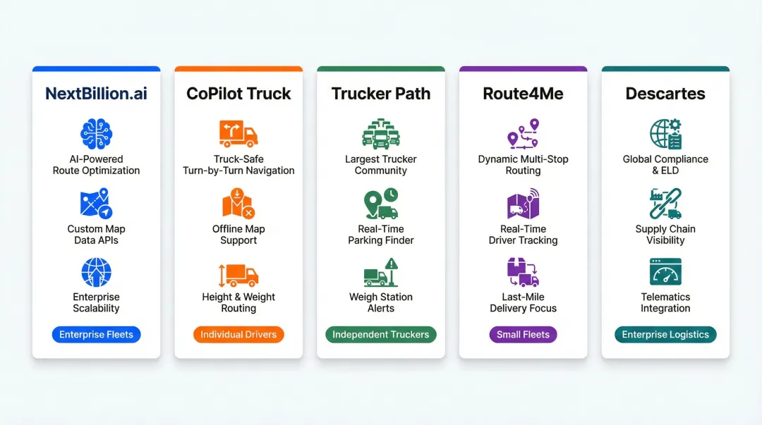 Five trucking route planning tools comparison chart features pricing and best use cases
