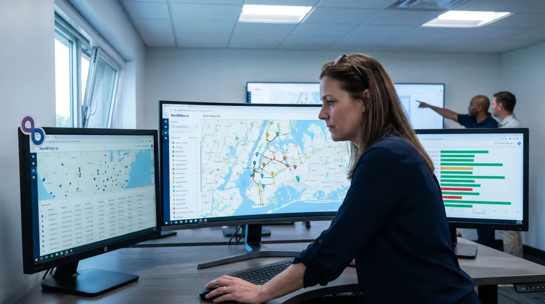Route optimization dispatcher reviewing real-time stop sequencing and time window adherence data