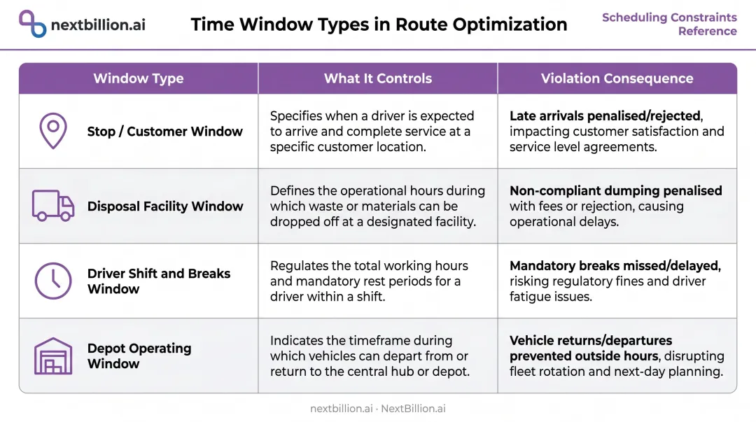Four waste collection time window types comparison table with violation consequences