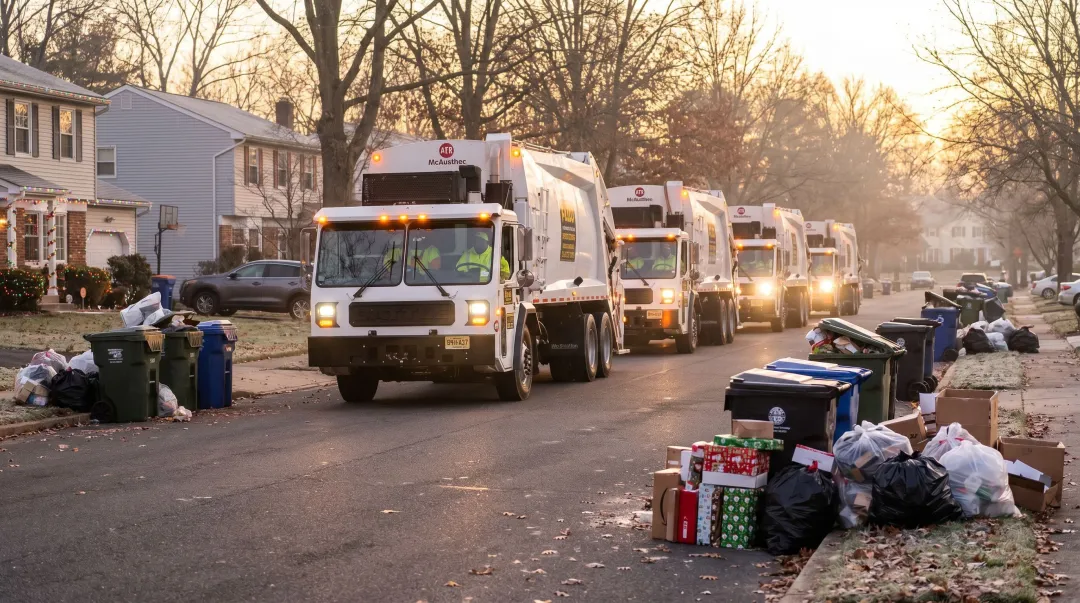 Waste collection trucks lined up during post-holiday high-volume collection disruption