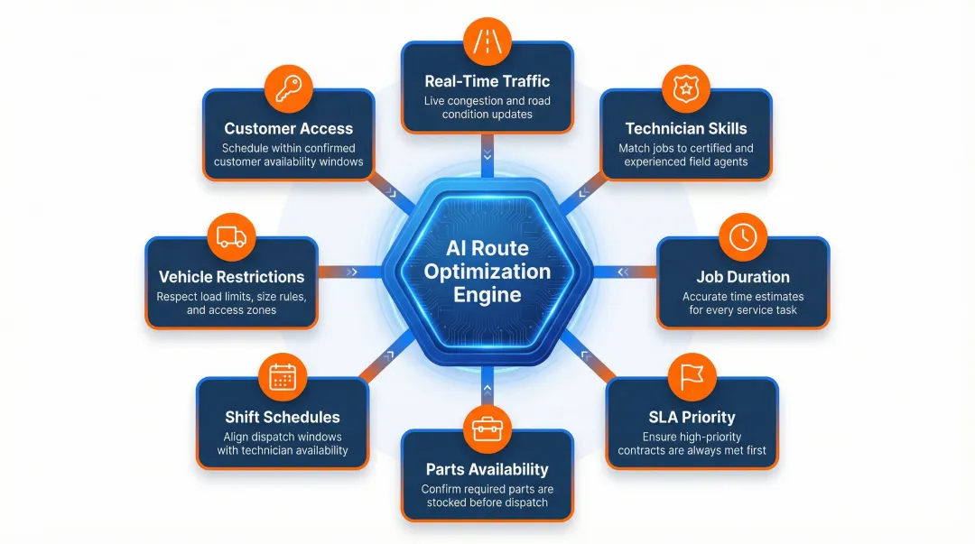8 AI route optimization variables field service technicians dispatchers must balance