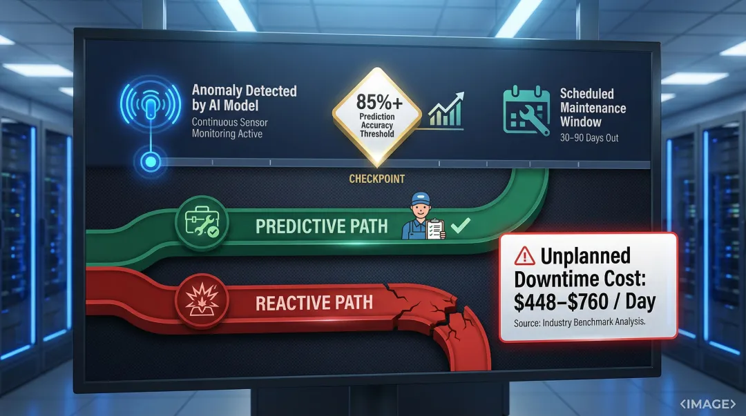 AI predictive maintenance accuracy timeline showing 30 to 90 day failure prediction window